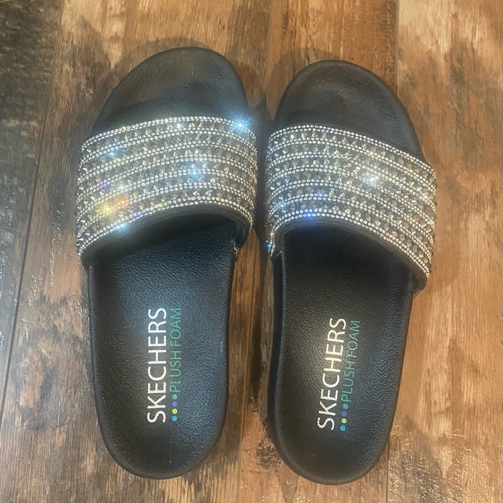 Skechers Black and Silver Rhinestone Slide Sandals